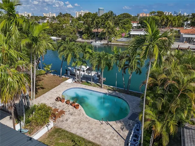 a view of a swimming pool with a yard