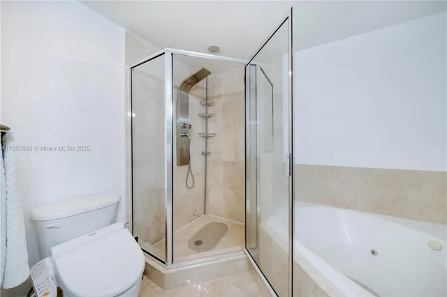 a bathroom with a shower and a toilet