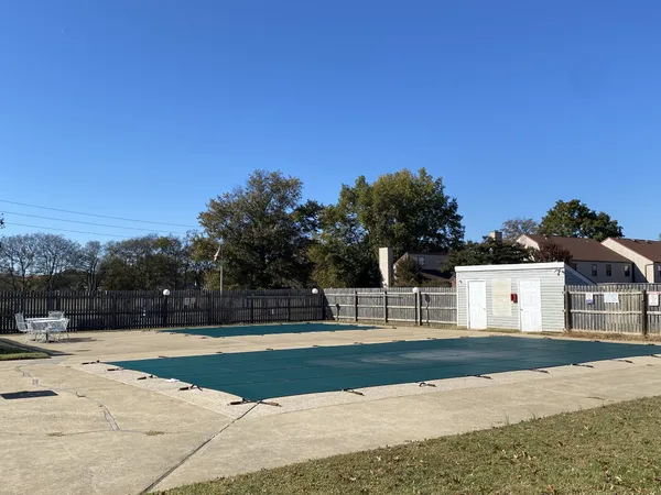 a view of swimming pool and trees in the background