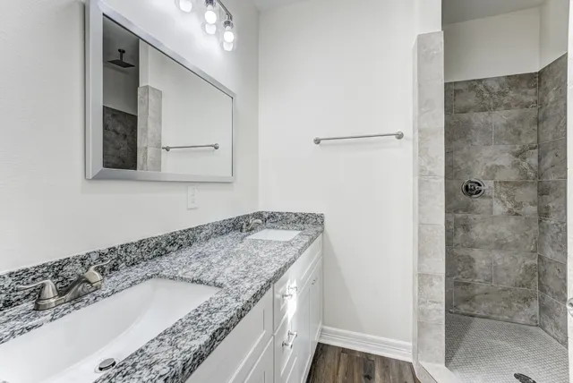 a bathroom with a granite countertop sink a mirror and shower