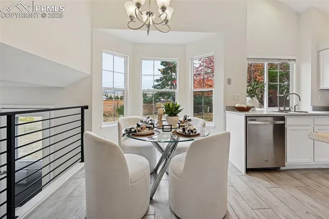 a view of a dining room with furniture window and outside view