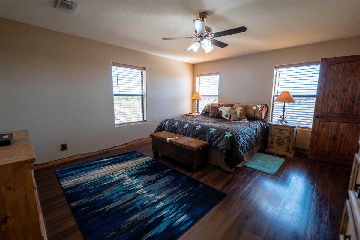 1825 Savanna Ridge Ranch Road Lometa, TX 76853 - Photo 10 of 35 Bedroom featuring dark wood-style floors, multiple windows, and a ceiling fan