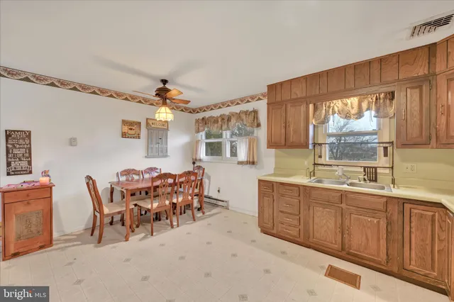 a very nice looking dining room with a large window