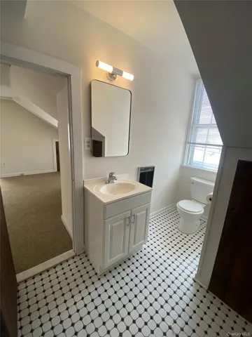 a bathroom with a sink vanity mirror and toilet