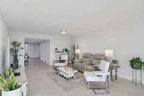 a living room with furniture and a potted plant