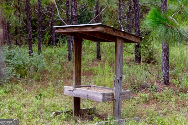 a view of a yard with a table and chairs under an umbrella