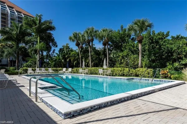 a view of a swimming pool with a bench and trees around
