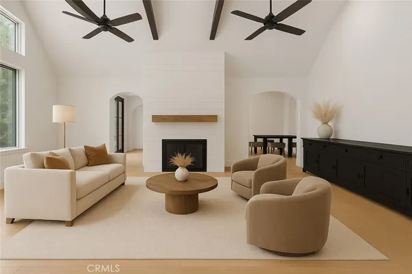 a living room with furniture and a fireplace