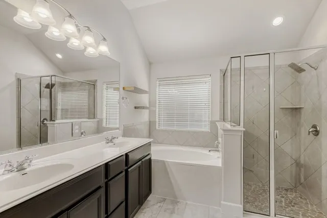 a bathroom with a double vanity sink mirror and shower