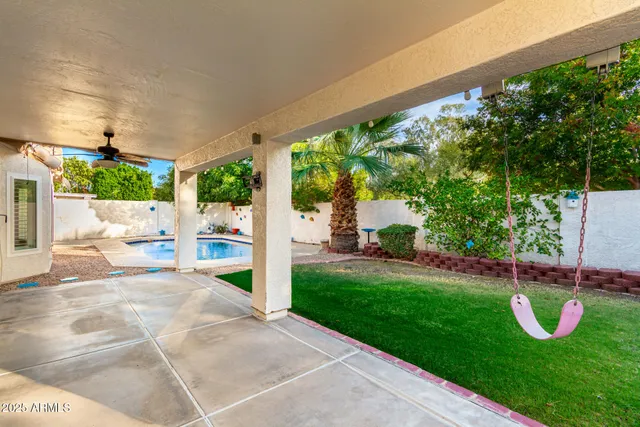 a view of a garden with a slide