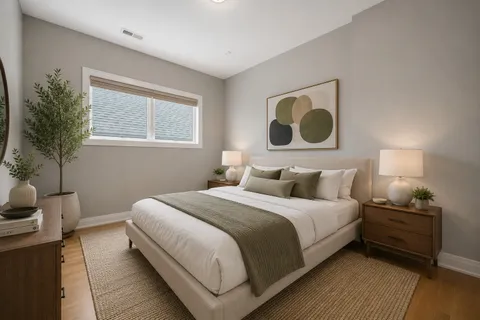 a bedroom with a bed and a potted plant