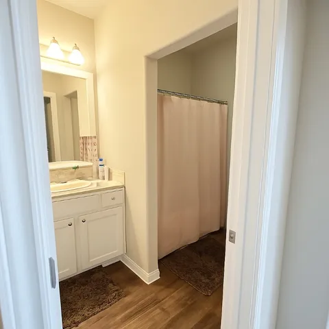 a view of a bathroom with sink mirror and wooden floor