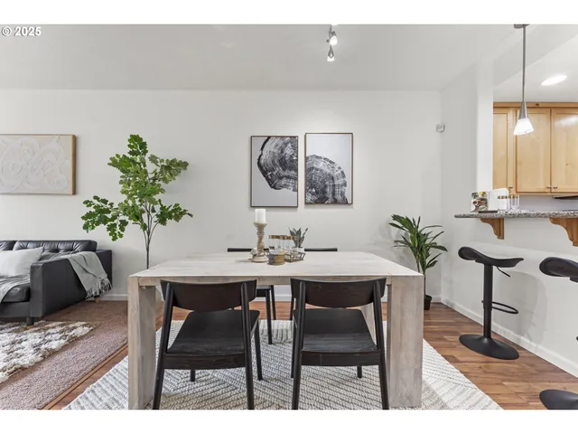 a view of a dining room with furniture