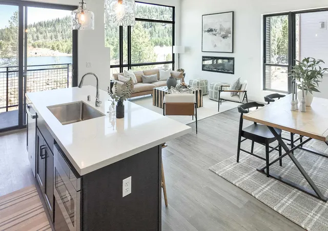a kitchen with a counter top space and a sink