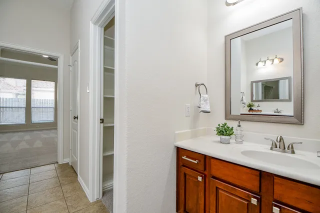 a bathroom with a sink vanity and a mirror