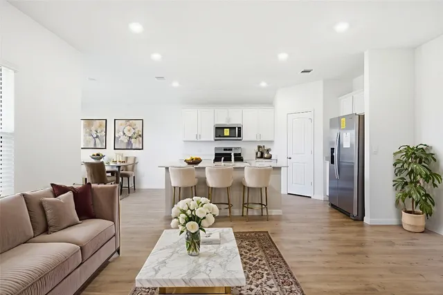 a living room with furniture and a rug