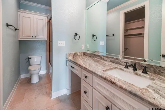 a spacious bathroom with a granite countertop toilet sink and mirror