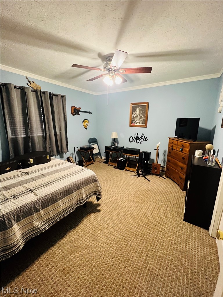 9493 Griffith Road Ravenna, OH 44266 - Photo 11 of 15 Carpeted bedroom with crown molding, ceiling fan, and a textured ceiling