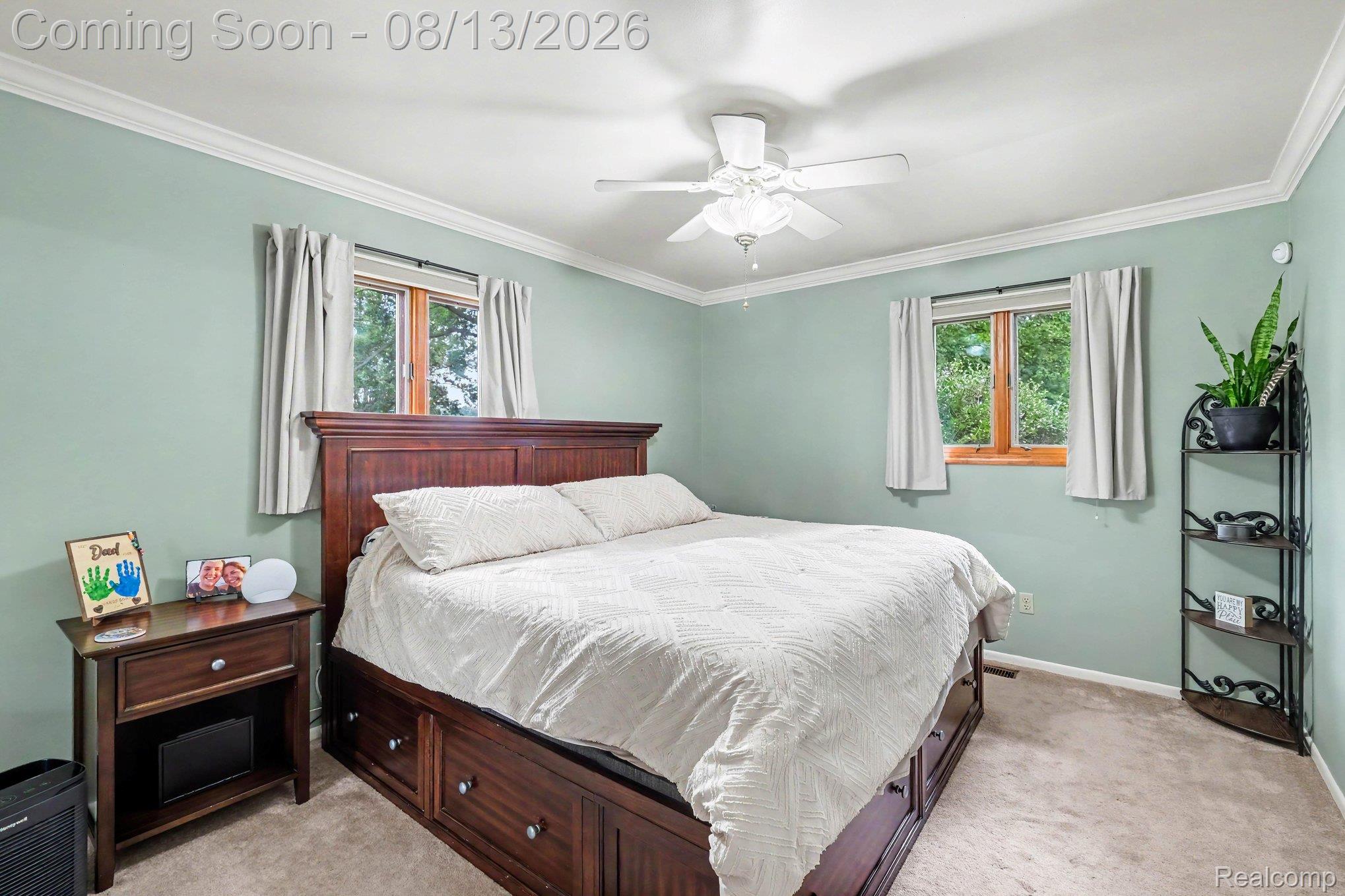 10361 Coldwater Road Flushing, MI 48433 - Photo 12 of 37 Carpeted bedroom featuring a ceiling fan, crown molding, two windows with wood trim, and a built-in storage bed