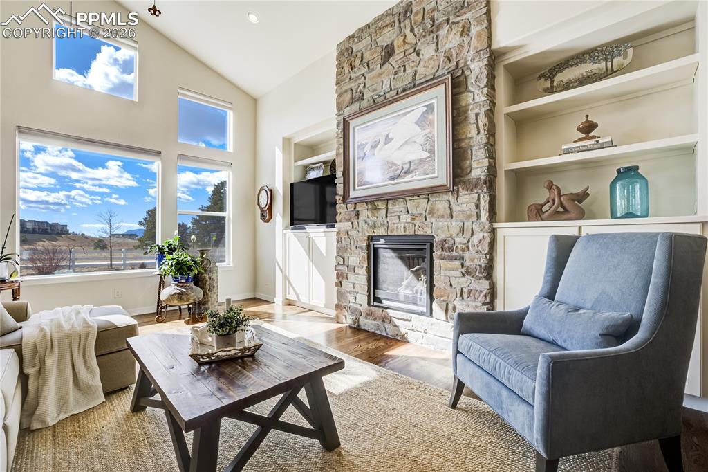 1265 Foothills Farm Way Colorado Springs, CO 80921 - Photo 14 of 50 a living room with furniture a fireplace and a large window