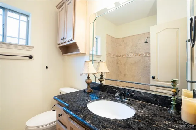 a bathroom with a granite countertop toilet sink and mirror