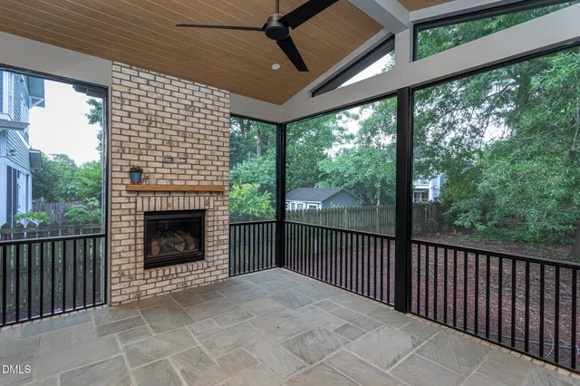 a view of a balcony with a fireplace
