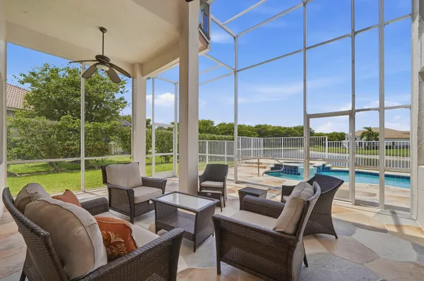 a view of a deck with a yard