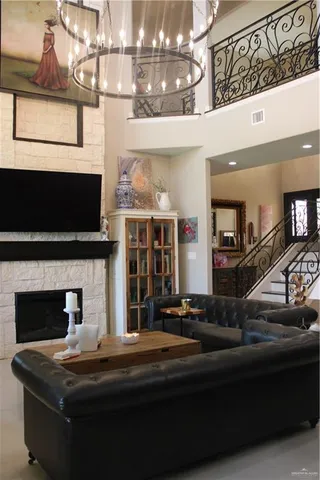 a dining room with fireplace