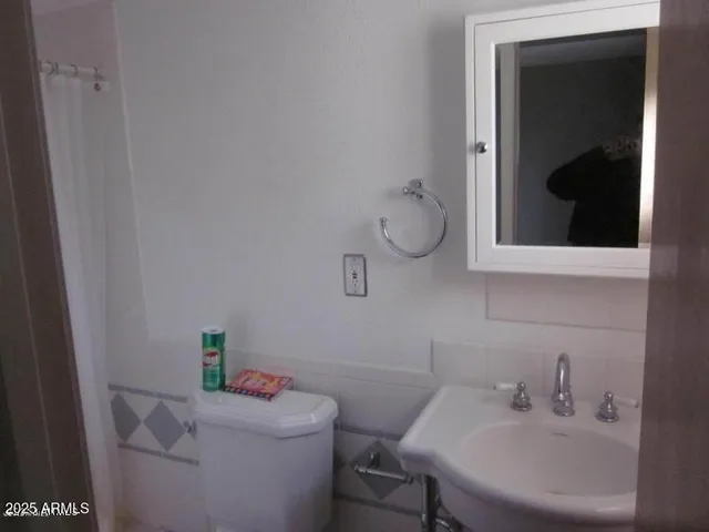 a bathroom with a sink toilet and mirror