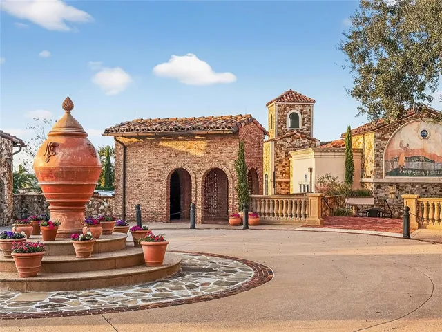 front view of a building with fountain