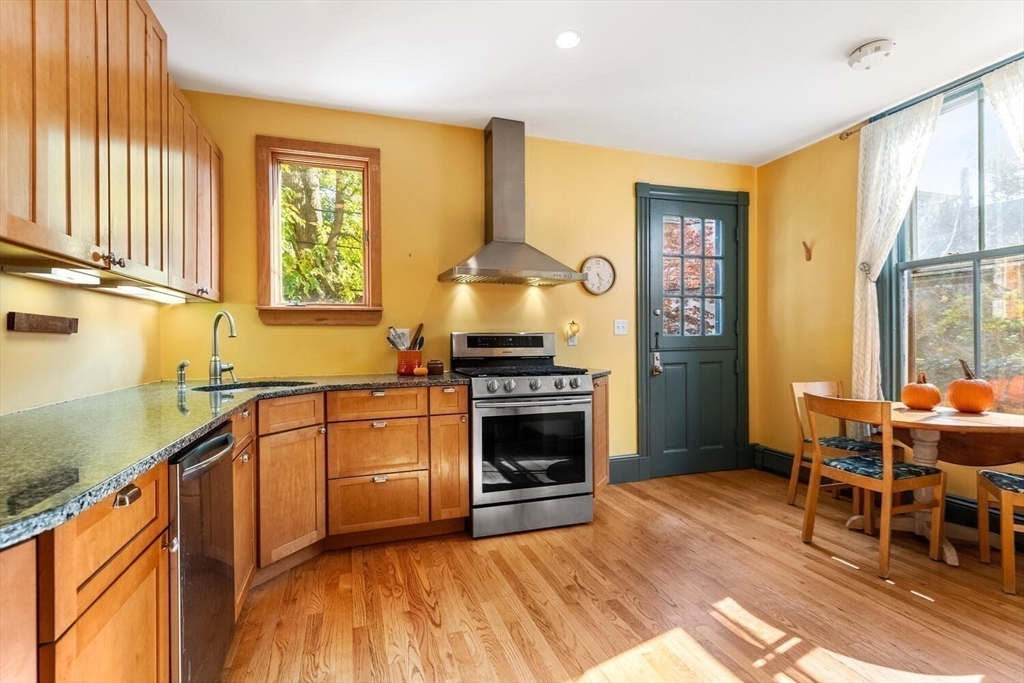 72 Cypress Street, Unit 1 Brookline, MA 02445 - Photo 5 of 23 a kitchen with stainless steel appliances granite countertop a stove top oven a sink dishwasher and a fireplace with wooden floor