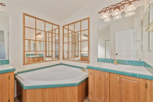 a bathroom with a tub sink and mirror