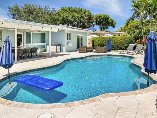 a view of a house with pool porch and sitting area
