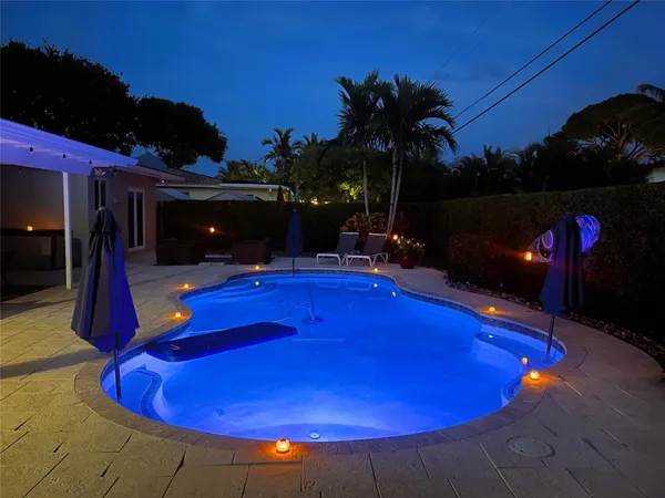 a view of a pool in a backyard of the house