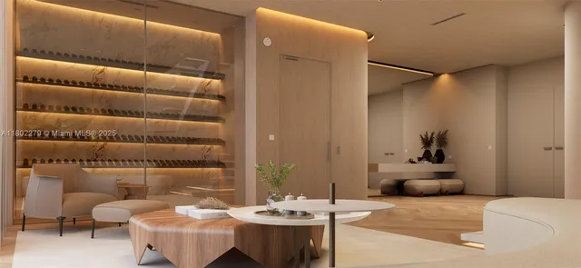 a dining room with furniture and a potted plant