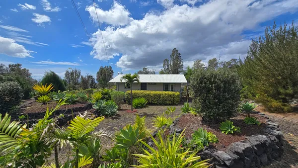 a view of a garden with a building in the background