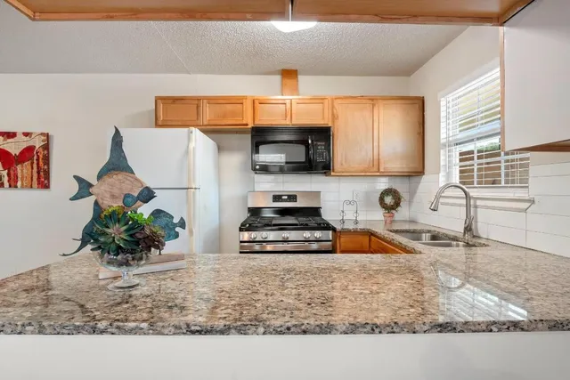 a kitchen with stainless steel appliances granite countertop a refrigerator a stove a sink a microwave and a refrigerator