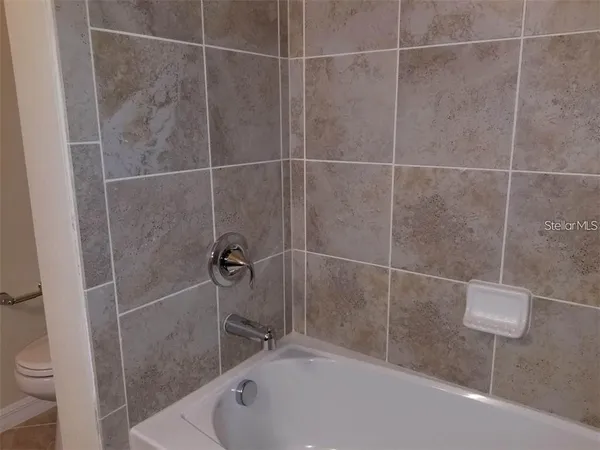 a bathroom with a bathtub and a toilet