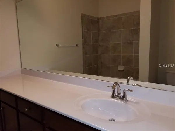 a bathroom with a sink and a large mirror