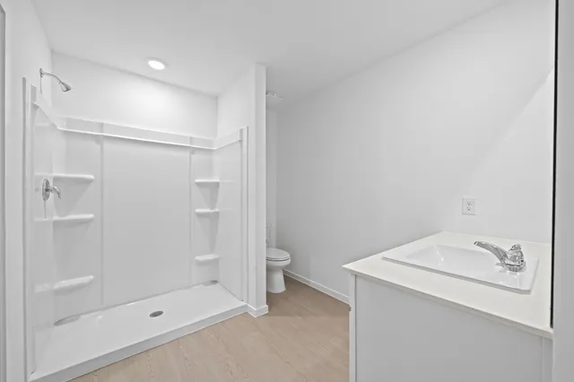 a bathroom with a shower and a sink