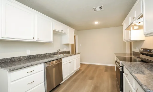 a kitchen with a sink stove and cabinets
