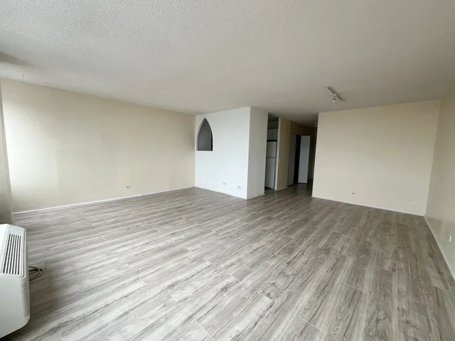 a view of empty room with wooden floor