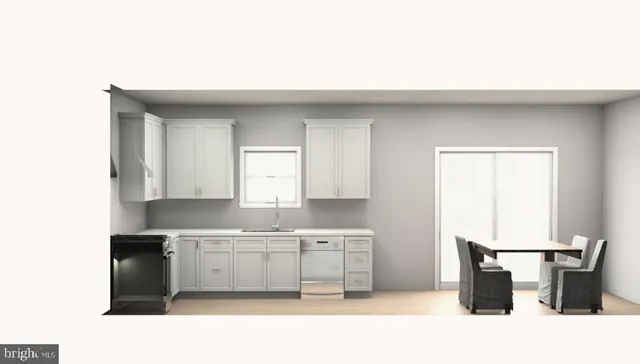 a kitchen with a sink a table and chairs