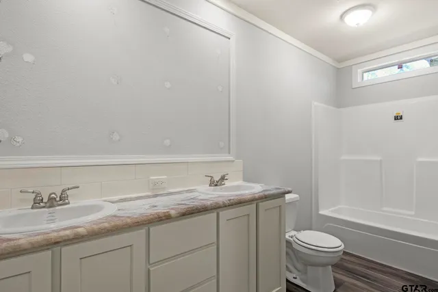 a bathroom with a granite countertop sink and a toilet