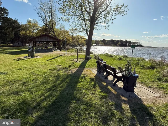 a view of a lake with a bench and trees around