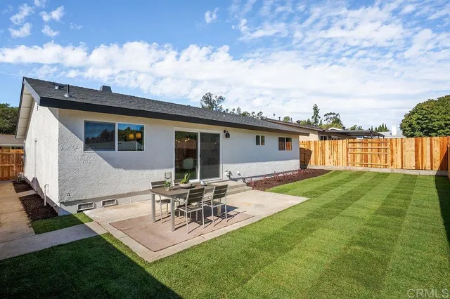 a view of a backyard with sitting area