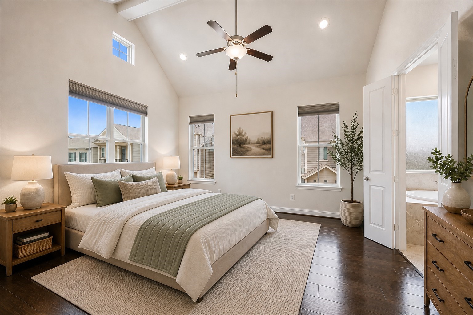 1764 Trinity Bend Drive Houston, TX 77080 - Photo 17 of 25 Spacious primary retreat with soaring ceilings offers abundant natural light and double door entry into the spa-like bath.
