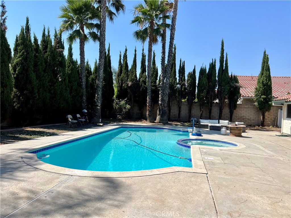 a view of a swimming pool with palm trees