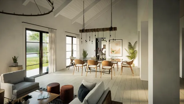 a view of a dining room with furniture window and outside view