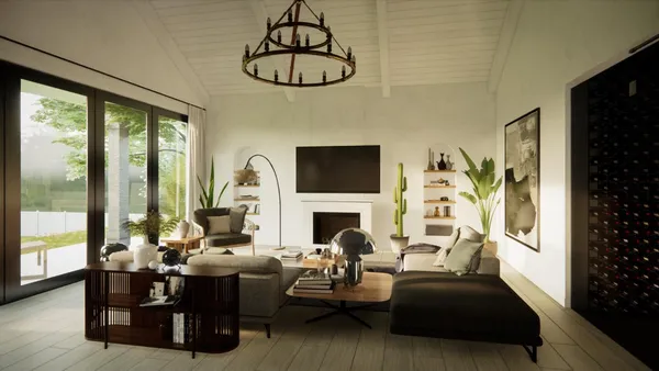 a living room with fireplace furniture and a floor to ceiling window